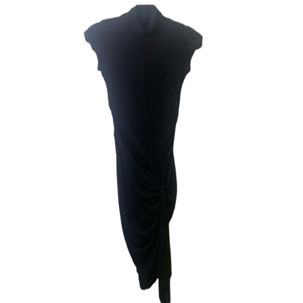 Ruby Rox Black Midi Ruched Mock Neck Cap Sleeve Stretch Fit Flattering Dress